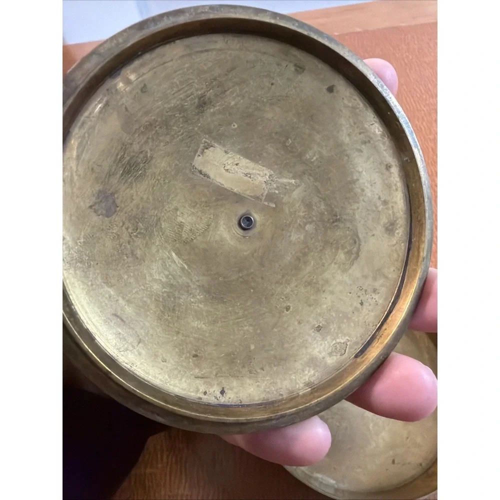 Vintage Round Brass Trinket Dish with Lid Painted Enamel Floral Design 4